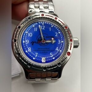 New Vostok scuba dude watch, blue, metal bracelet, booklet, no box, 420379